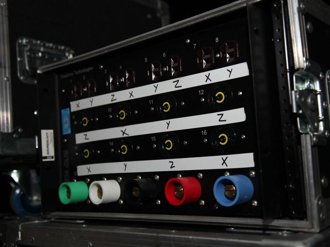 Three-phase distribution panel in a flight case, outputs labelled