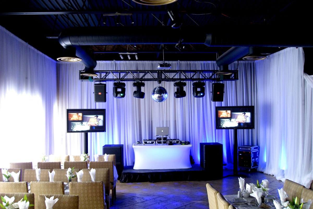 Private party room: the booth, the screens and the speakers against white drape
